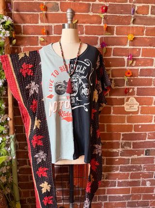 OOAK Summer Collection- Upcycled Motorcycle Kantha Poncho Hi Lo Tee