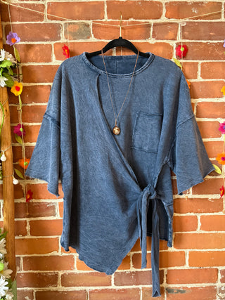 100% Cotton Afternoon Stroll Wrap Kimono Top - Dusty Blue