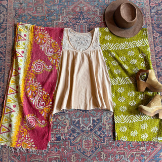 Upcycled Eyelet Detail Hi Lo Kantha Poncho Top