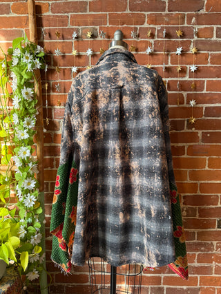 OOAK Winter Collection- Birdsong Kantha + Bleach Plaid Button Up Wing Style Poncho Jacket