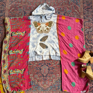 OOAK Autumn Collection- Upcycled Luna Butterfly Hi Lo Tie dye Kantha Hoodie Poncho