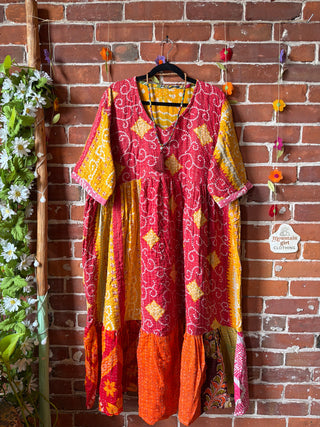 Coffee In The Morning Kantha Dress - Fits up to 3X - 100% Cotton- Fair Trade Made