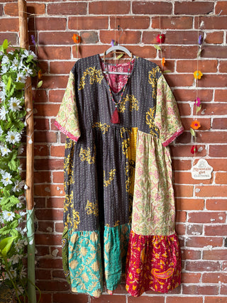 Coffee In The Morning Kantha Dress - Fits up to 3X - 100% Cotton- Fair Trade Made