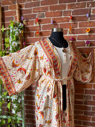 Silk Long Celestial Print Goddes Kimono -Moon Sun + Stars - Two Colors