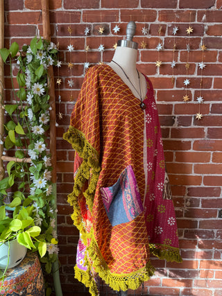 Sierra Dreams Upcycled Cotton Kantha Poncho Tunic Top with Pockets