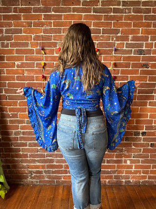 Blue Sun, Moon + Stars Celestial Cropped Bell Sleeve Wrap Top