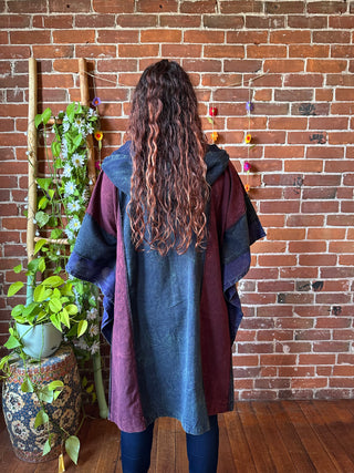 Juniper Patchwork Poncho Hoodie- Maroon / Earth Tones