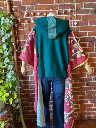 OOAK Autumn Collection- Upcycled Organic Cotton + Kantha Poncho Hi lo Hoodie
