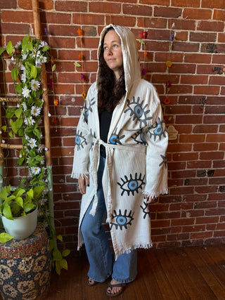 Evil Eye Sun Washed Blue 100% Cotton Hoodie Kimono Robe  - Fair Trade Made