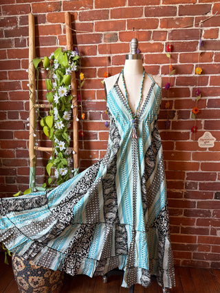 Size Small-Medium Meadow Mosaic 100% Cotton Halter Dress - Fair Trade Made