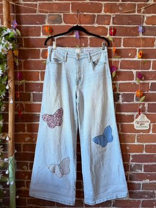 OOAK Autumn Collection- Patchwork Butterfly Upcycled Wide Leg Jeans Size 8/29R
