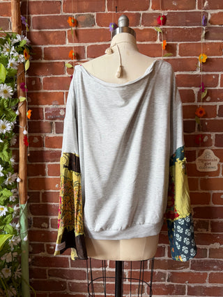 OOAK Summer Collection- Upcycled Off The Shoulder Soft Patchwork Bell Sleeve Tee - Size XL