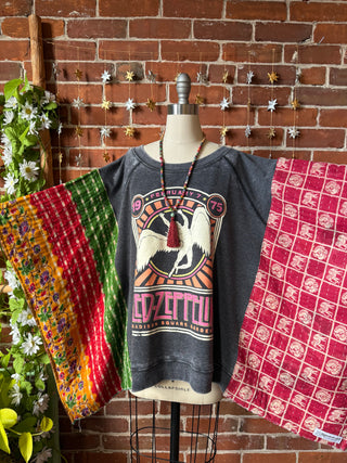 OOAK Autumn Collection- Upcycled Led Zeppelin Inspired Kantha Poncho Sweatshirt