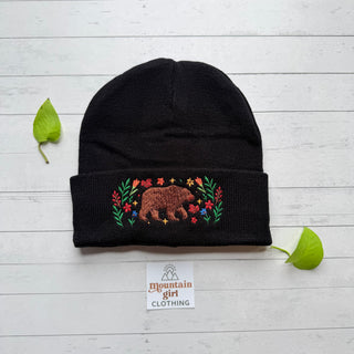 Bear + Flowers Embroidered Beanie Hat