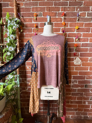 OOAK Summer Collection- Upcycled Woodstock Flowy Hybrid Hi Lo Tee