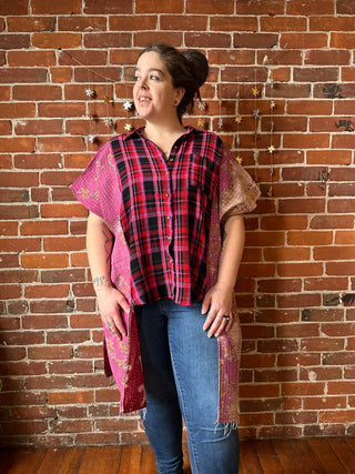 Upcycled Plaid Button Up Hi Lo Kantha Poncho Top