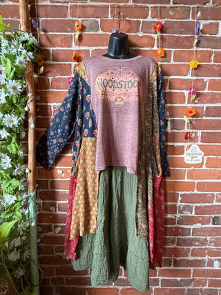 OOAK Summer Collection- Upcycled Woodstock Flowy Hybrid Hi Lo Tee
