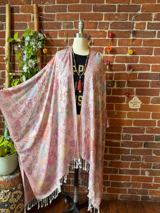 Bright Wildflower Goddess Flowy Woven Fringe Kimono Ruana - Made In Canada