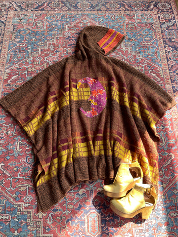Ember Kantha Crescent Moon One of A Kind Ruana Hoodie Jacket with Pockets Item:1364
