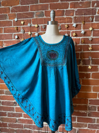 Hannah Embroidered Poncho Capelet Top - Stone Washed Teal