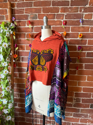 Size Small Upcycled Embroidered Butterfly Hi Lo Patchwork Poncho Hoodie