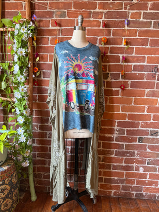 Tie Dye Festival Hippie Bus Hybrid Sage Embroidered Hi Lo Top