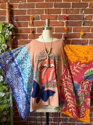 OOAK Summer Collection- Upcycled Rolling Stones Inspired Vintage Butterfly Patch Kantha Poncho Tee