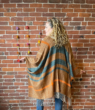 The Softest Farmers Market Fringe Poncho - Brown/Orange/Teal