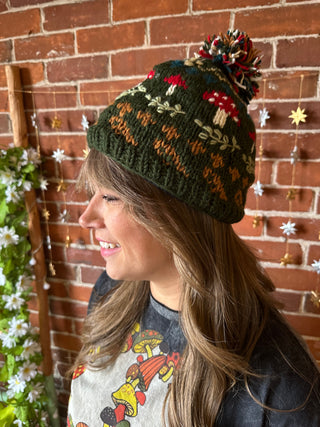 Magic Mushroom Embroidered Wool Pom Pom Beanie Hat