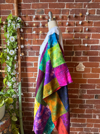 OOAK Winter Collection- Upcycled Silk Patchwork Tie Dye Fleetwood Mac Inspired Hi Lo Poncho Top