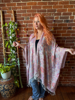 Bright Wildflower Goddess Flowy Woven Fringe Kimono Ruana - Made In Canada