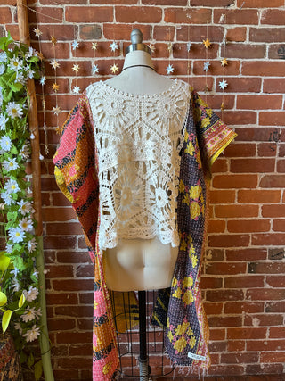 OOAK Autumn Collection - Upcycled Crochet Layering Kantha Poncho Top