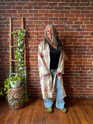 Coral Pattern 100% Cotton Hoodie Kimono Robe  - Fair Trade Made
