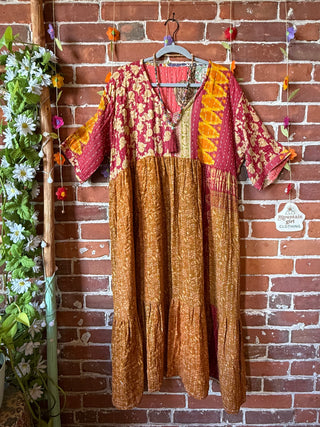 Coffee In The Morning Kantha Dress - Fits up to 3X - 100% Cotton- Fair Trade Made