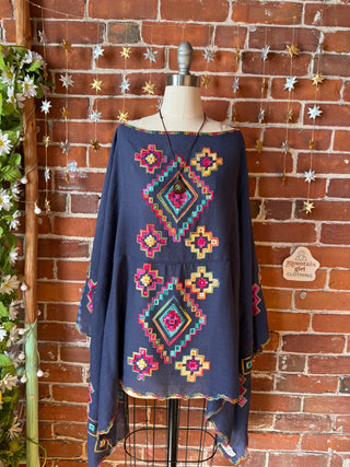 The Wandering Bloom Layer - Navy - Upcycled Embroidered Poncho