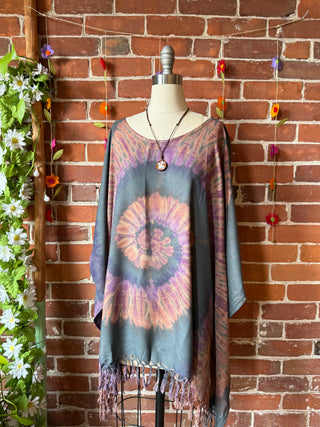 Spiral Gray+Purple Tie Dye Fringe Poncho