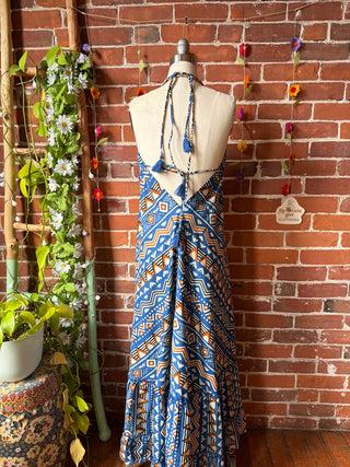 Size Small-Medium Blue Meadow Mosaic 100% Cotton Halter Dress - Fair Trade Made