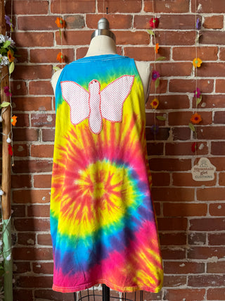 OOAK Summer Collection- Upcycled Grateful Moose Oversized Tie Dye Tank Top with Butterfly Patchwork