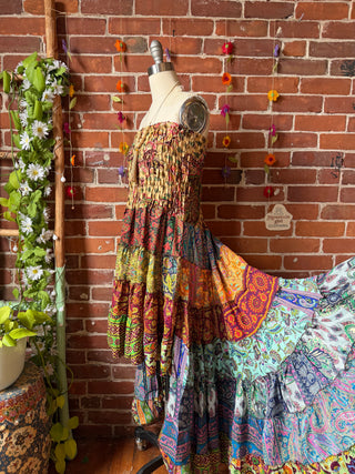 Sunlit Grove Tiered Patchwork Hi Lo Recycled Sari Dress