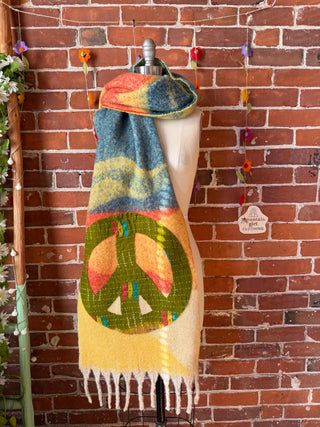 OOAK Autumn Collection- Upcycled Peace Sign Kantha Patchwork Soft Oversized Scarf