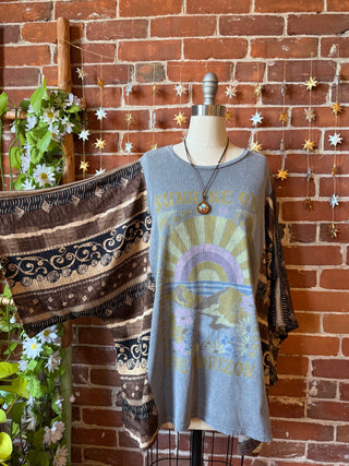OOAK Autumn Collection - Upcycled Boho Sunrise Print Bell Sleeve Hybrid Top