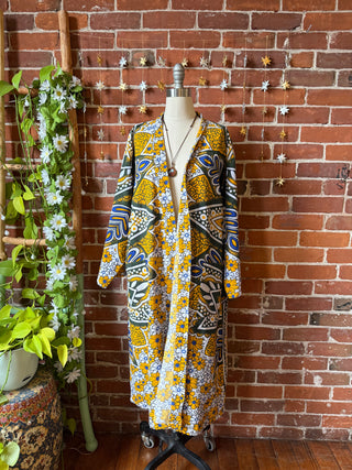 Yellow Green Mandala Long Tapestry Robe Kimono with Pockets and Belt
