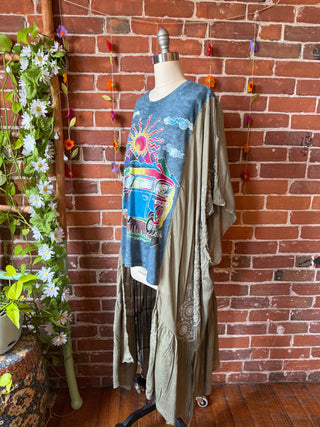 Tie Dye Festival Hippie Bus Hybrid Sage Embroidered Hi Lo Top