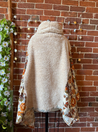 OOAK Winter Collection - Upcycled Sherpa Fleece Vintage Flower Fabric Poncho Sweater