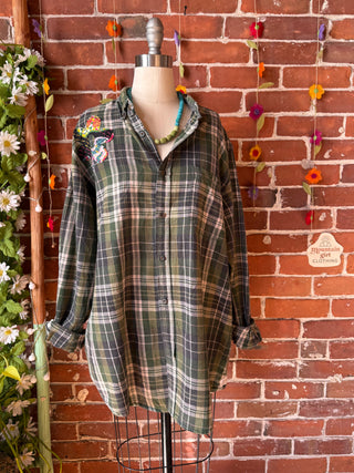 OOAK Autumn Collection- Unisex Size Upcycled Kantha Detail Button Up Plaid Wild Daisies