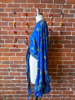 Blue Sun, Moon + Stars Celestial Cropped Bell Sleeve Wrap Top