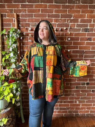 Oversized Juniper Fireside Patchwork Hoodie - Earthy Clay/Greens/Rust