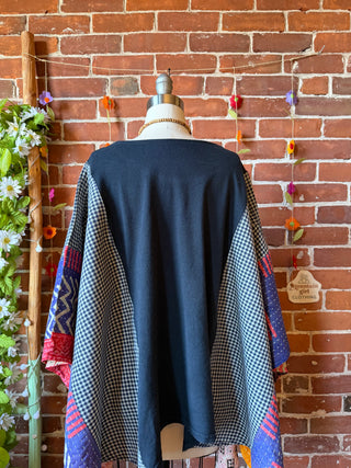OOAK Autumn Collection- Upcycled Ice Cube Inspired Kantha + Plaid Poncho Tee