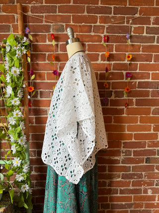 100% Cotton Bohemian Eyelet Overlay Poncho Top - White