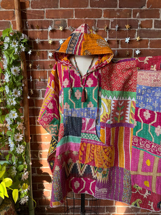 Sierra Dreams Patchwork Upcycled Cotton Kantha Poncho Tunic Hoodie
